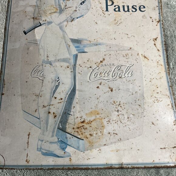 Vintage Welcome Pause Drink Coca-Cola Lady Tin Metal Sign 16" x 12 1/2" - Picture 3 of 9